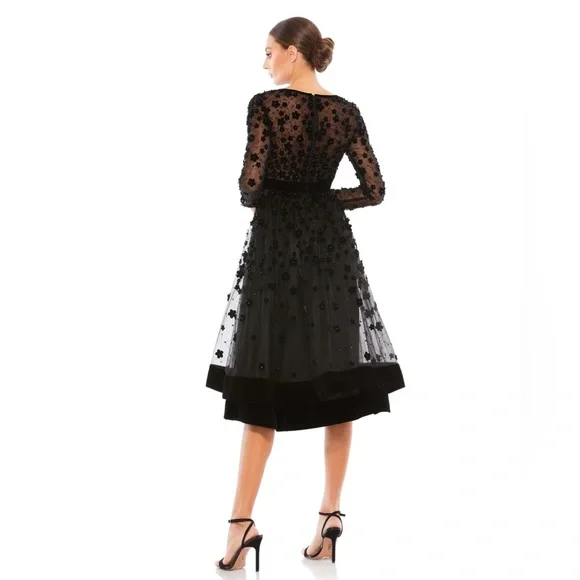Mac Duggal Embellished Illusion Long Sleeve Floral Fit and Flare Dress- NWT
